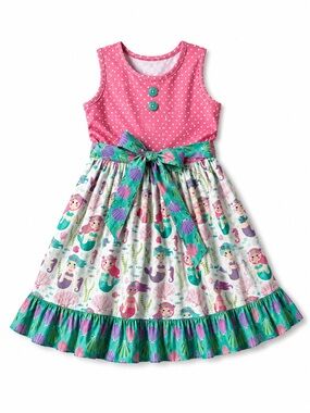 NWOT Eleanor Rose Girls Pink Polka Dot & Mermaid Print Dress with Shell Bow